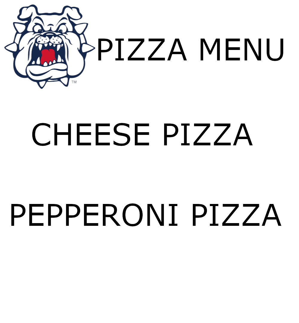 Pizza menu showing different varieties, Fresno State Bulldog branding, cheap pizza prices, and student discounts